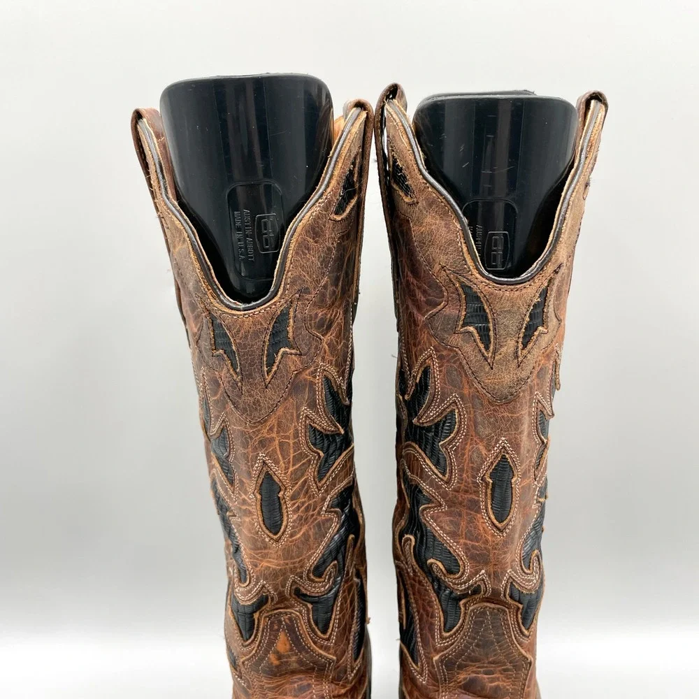 Johnny Ringo Womens 7 Brown Leather Black Lizard Inlay Western Cowboy Boots Boho
